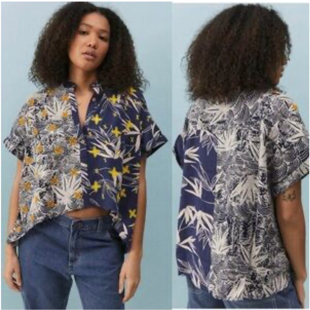 Urban Outfitters Navy Blue Embroidered Hi Low Frayed Hem Button Front Shirt Sz S - Picture 8 of 8